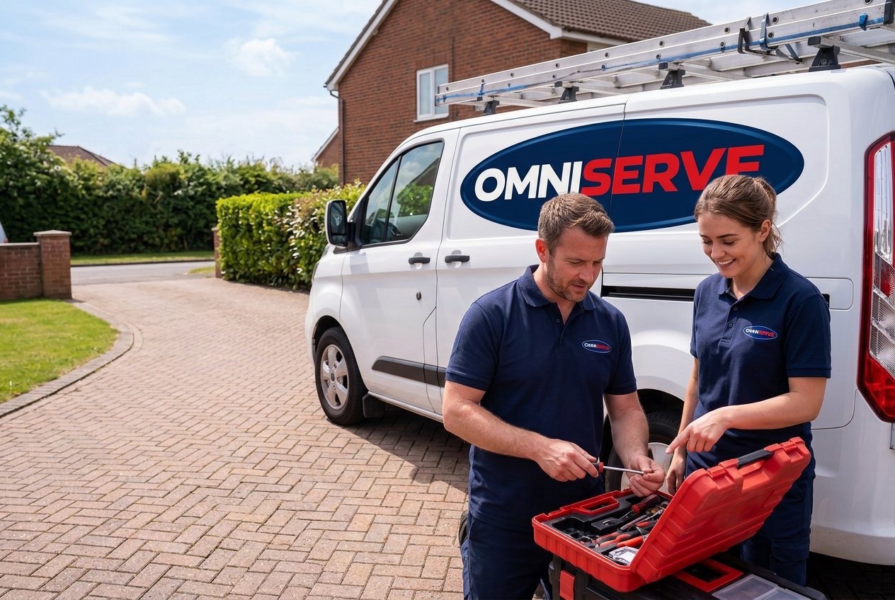 Omniserve-branded tradespeople preparing tools beside a service van