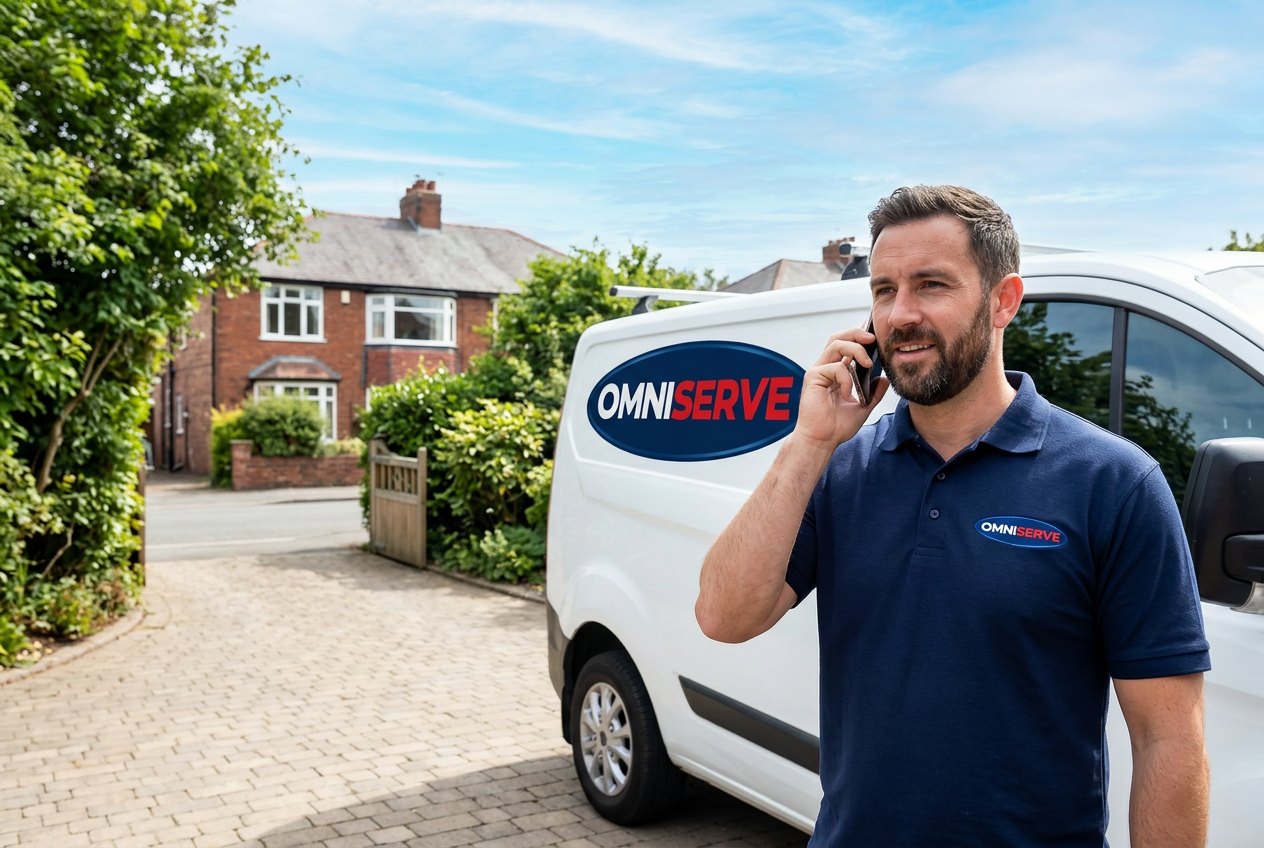 Omniserve tradesperson taking a phone call beside a branded van