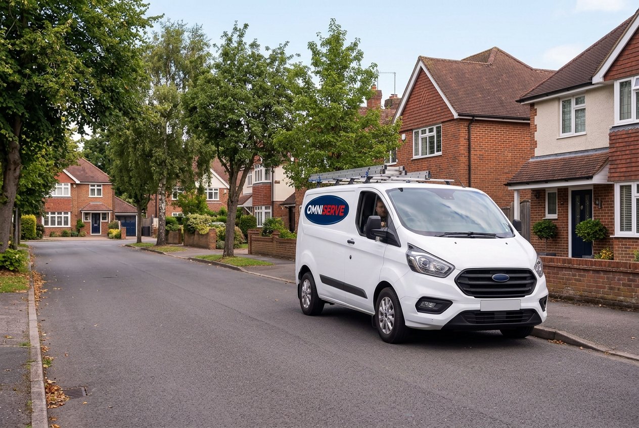 Omniserve-branded van on a leafy residential street