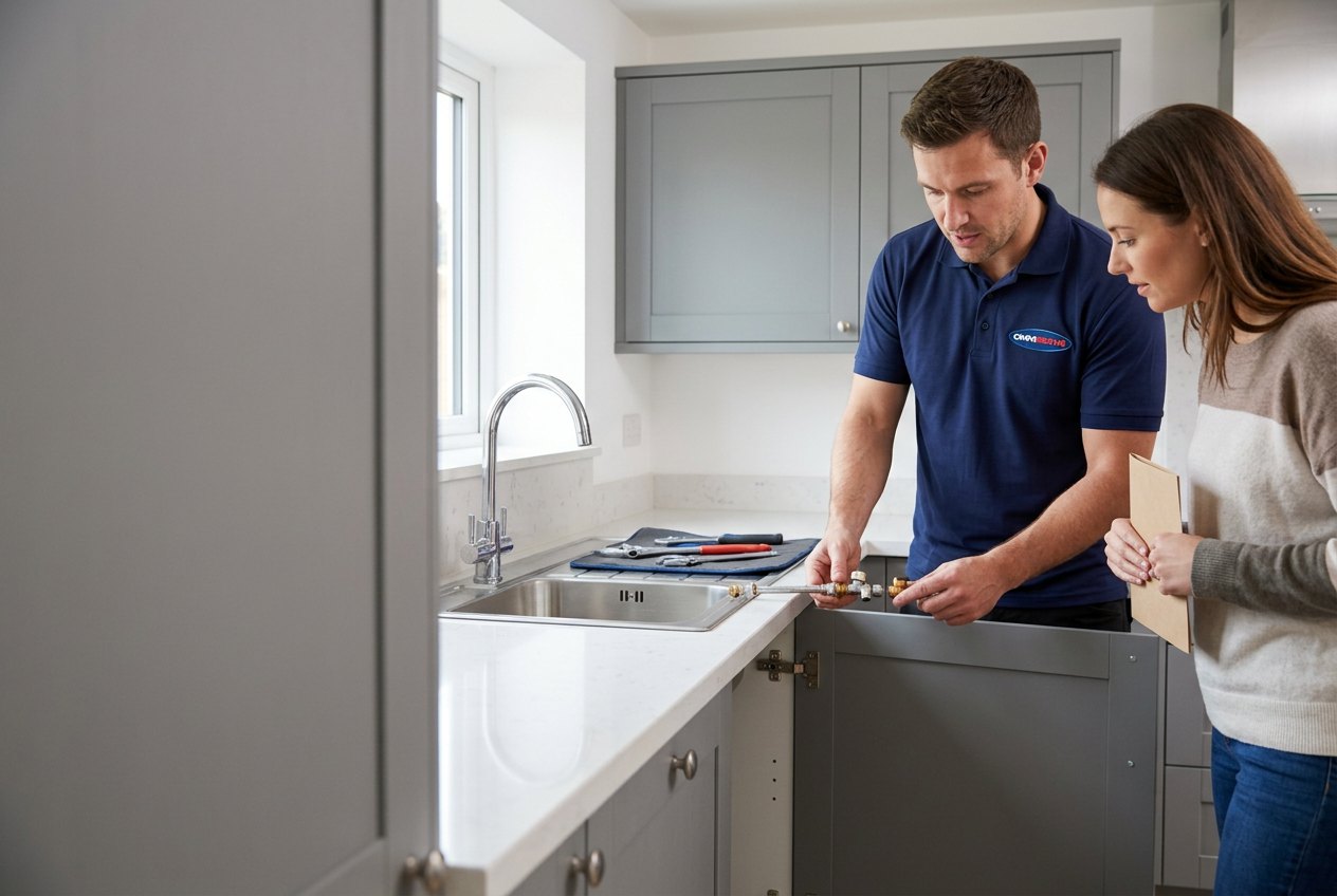 Omniserve tradesperson discussing kitchen fittings with a homeowner